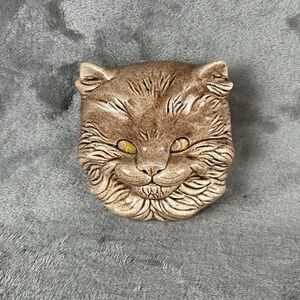 Vintage Ceramic Cat Face Wall Pocket Planter Brown Glazed Kitsch Succulent Pot